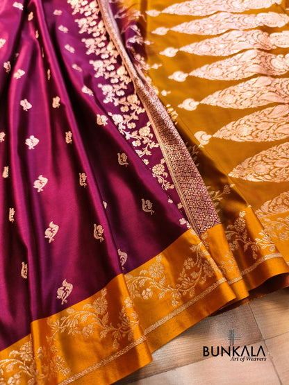 Burgundy with Mustard Contrast Buti Banarasi Mashru Silk Saree