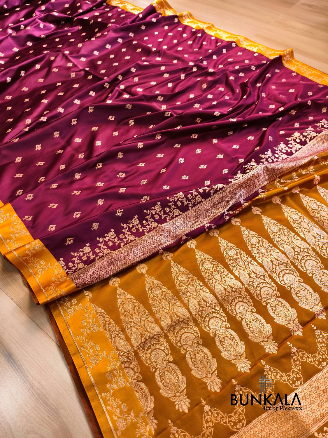 Burgundy with Mustard Contrast Buti Banarasi Mashru Silk Saree