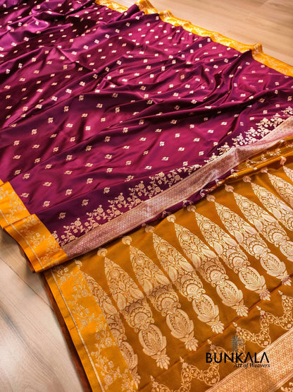 Burgundy with Mustard Contrast Buti Banarasi Mashru Silk Saree