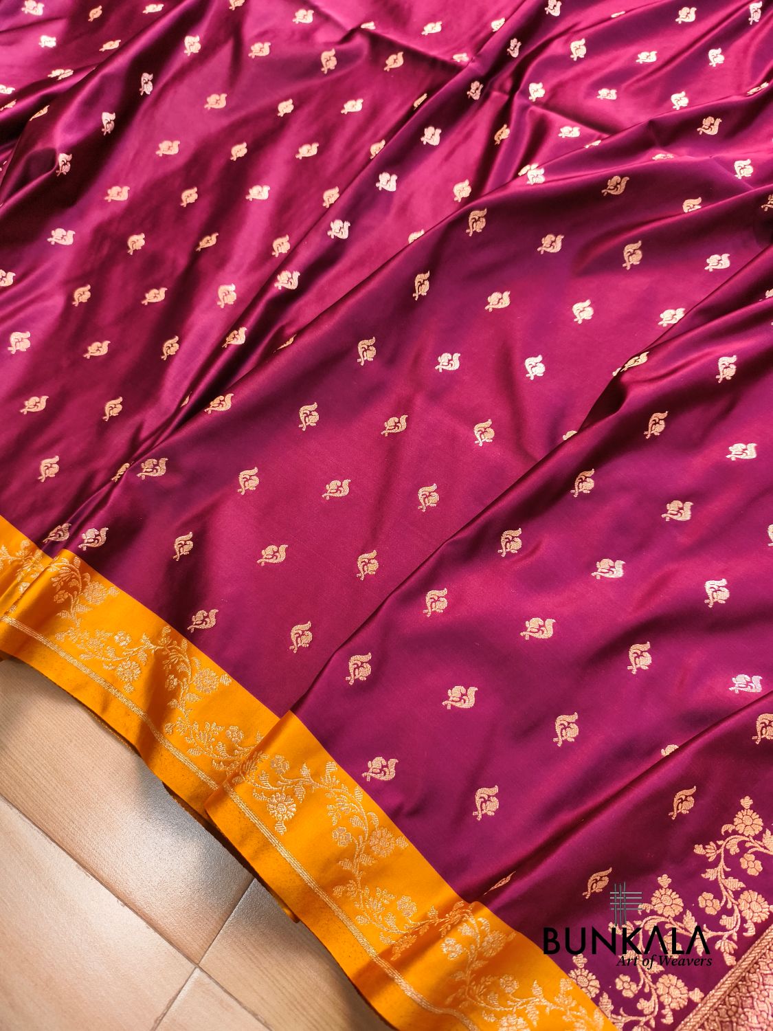 Burgundy with Mustard Contrast Buti Banarasi Mashru Silk Saree
