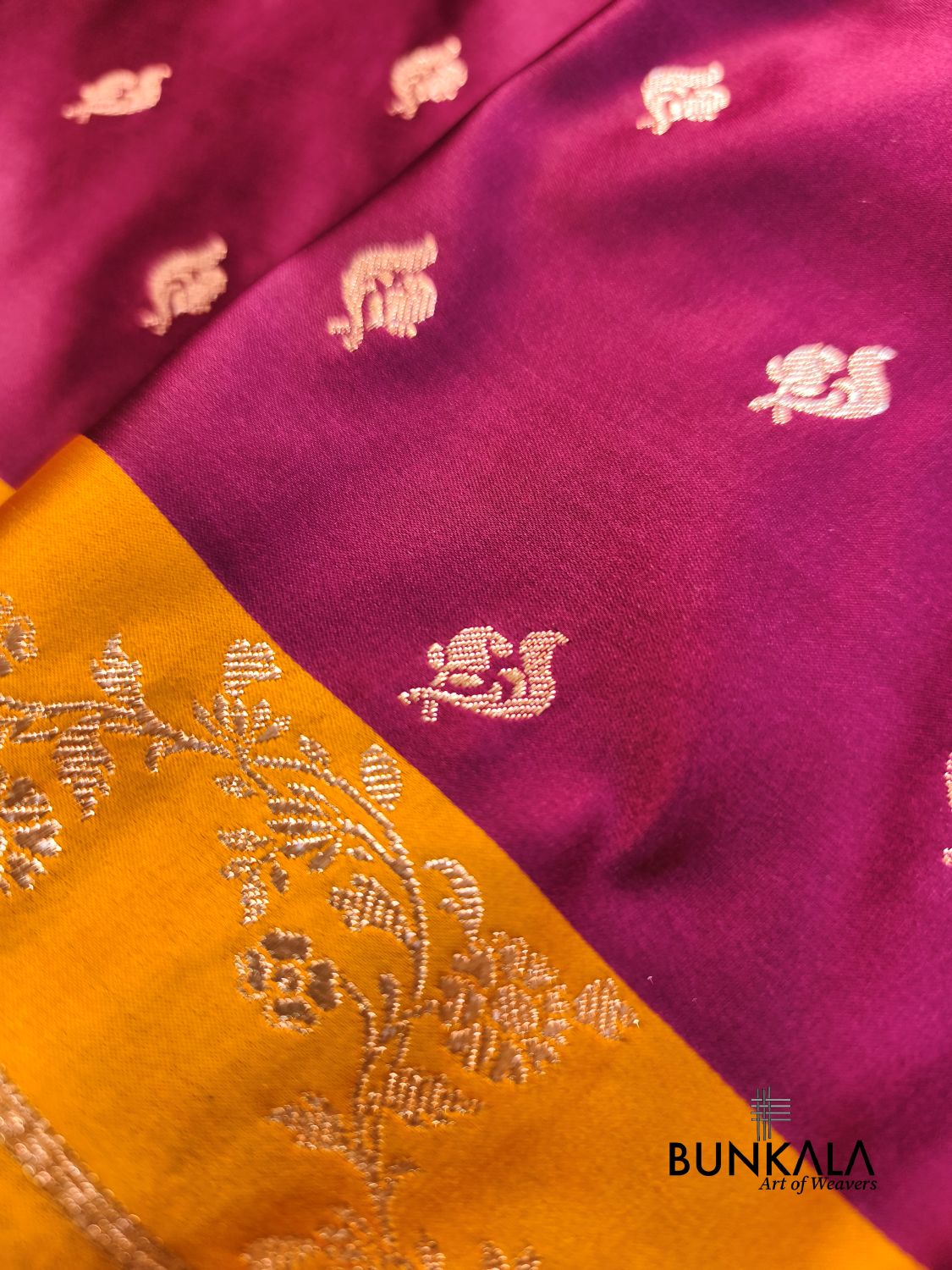 Burgundy with Mustard Contrast Buti Banarasi Mashru Silk Saree