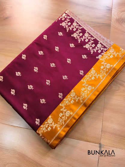 Burgundy with Mustard Contrast Buti Banarasi Mashru Silk Saree