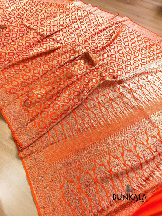 Burnt Orange Brocade Weaved Banarasi Mashru Silk Saree 