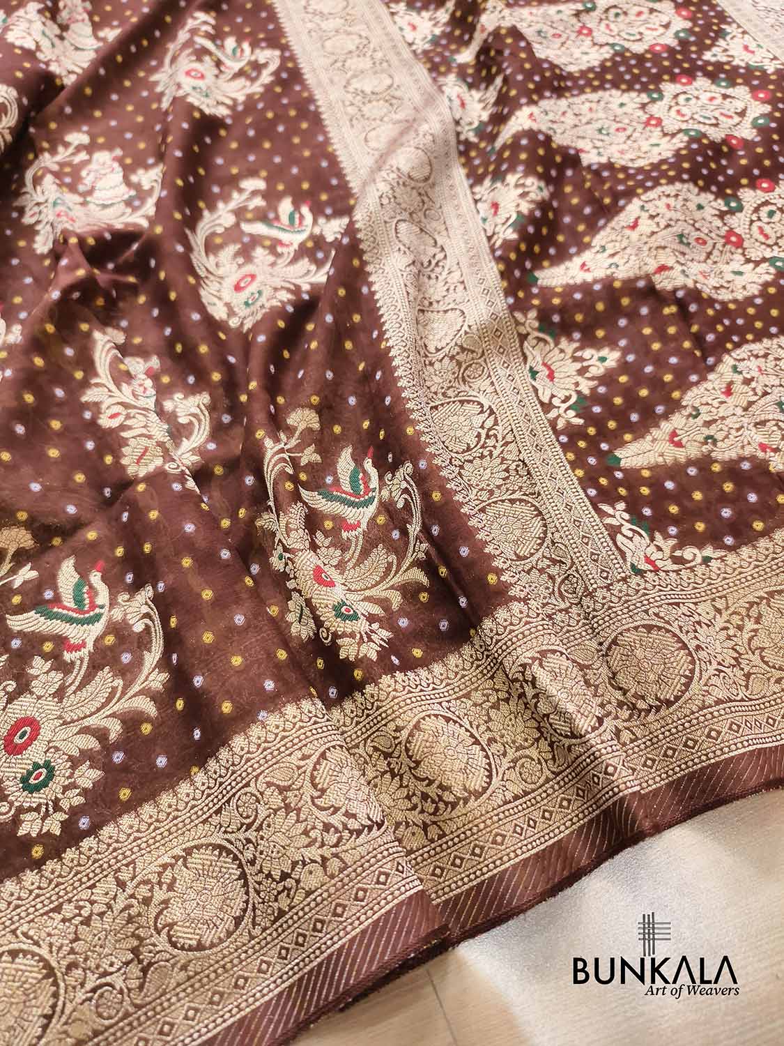 Chocolate Brown Meena Birds & Doll Banarasi Georgette Saree