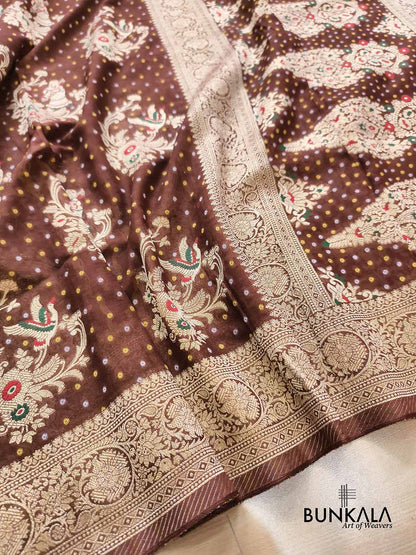 Chocolate Brown Meena Birds & Doll Banarasi Georgette Saree