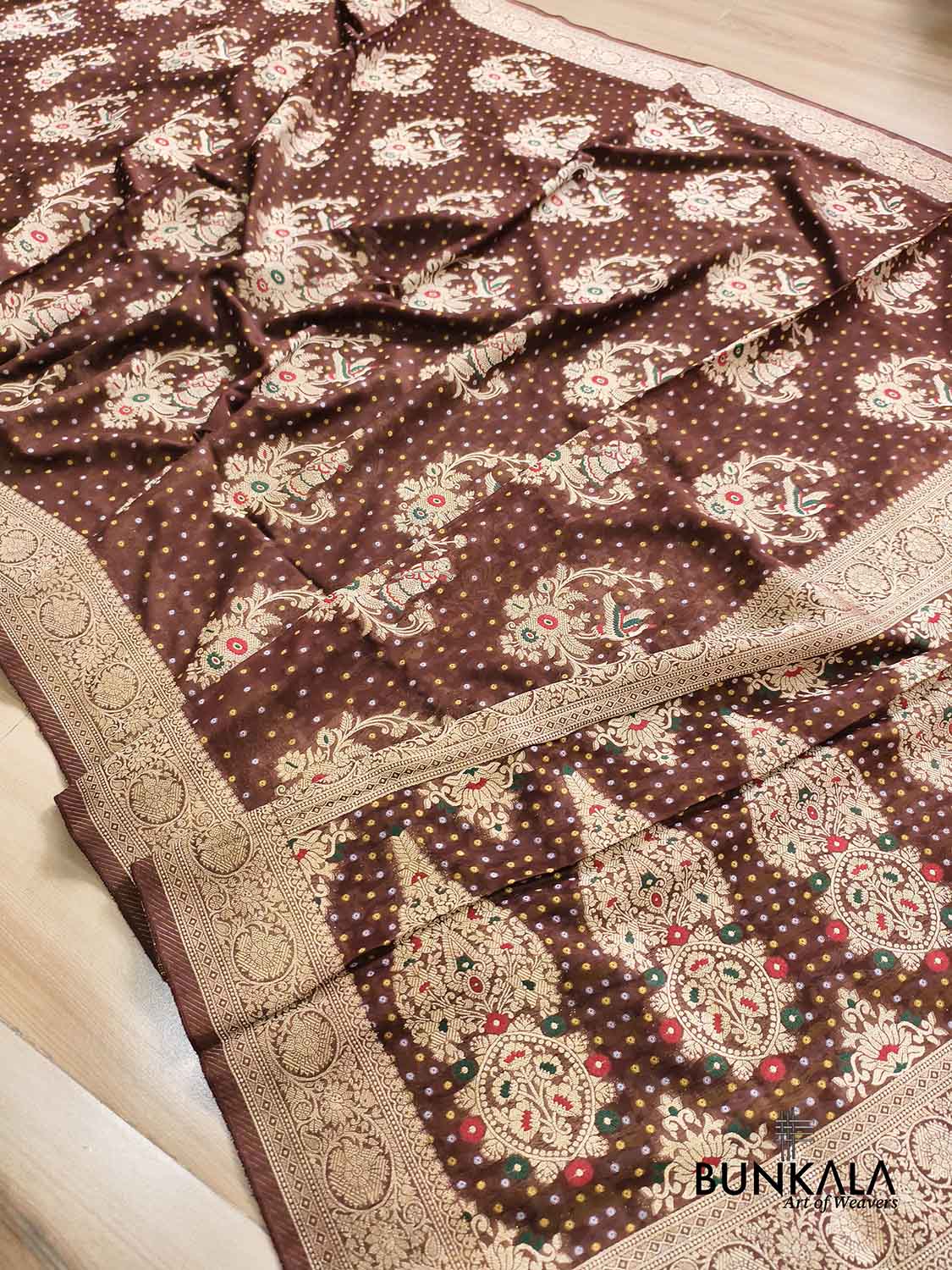 Chocolate Brown Meena Birds & Doll Banarasi Georgette Saree