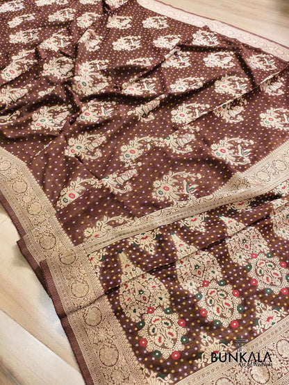 Chocolate Brown Meena Birds & Doll Banarasi Georgette Saree