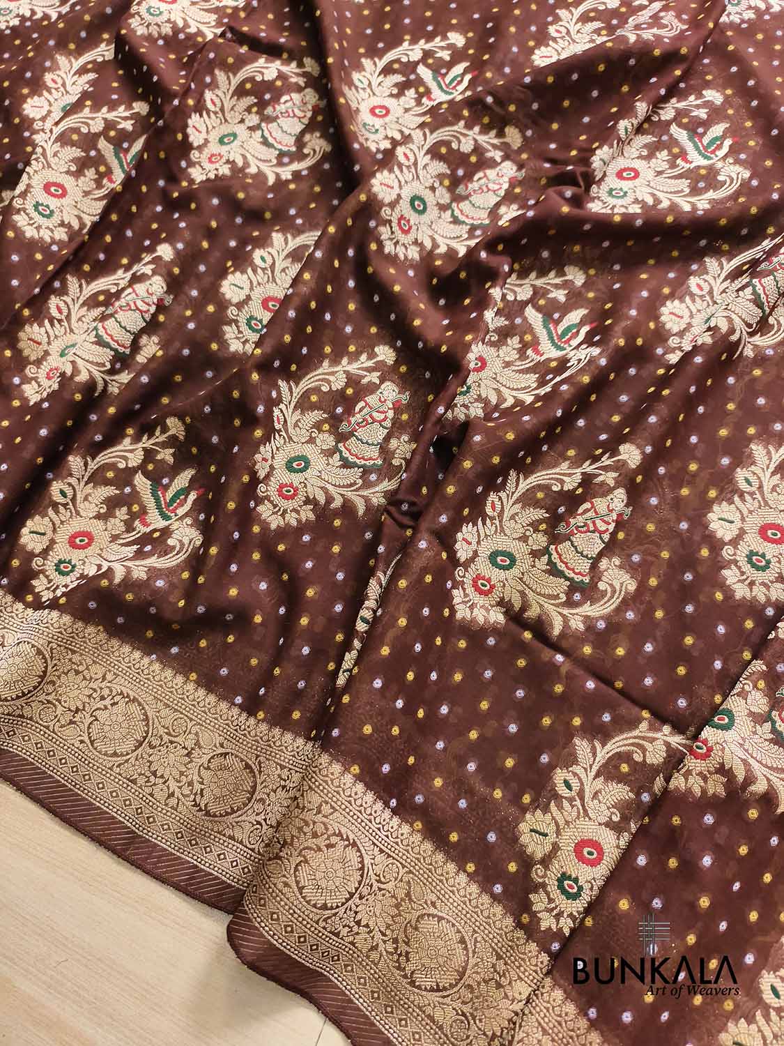 Chocolate Brown Meena Birds & Doll Banarasi Georgette Saree