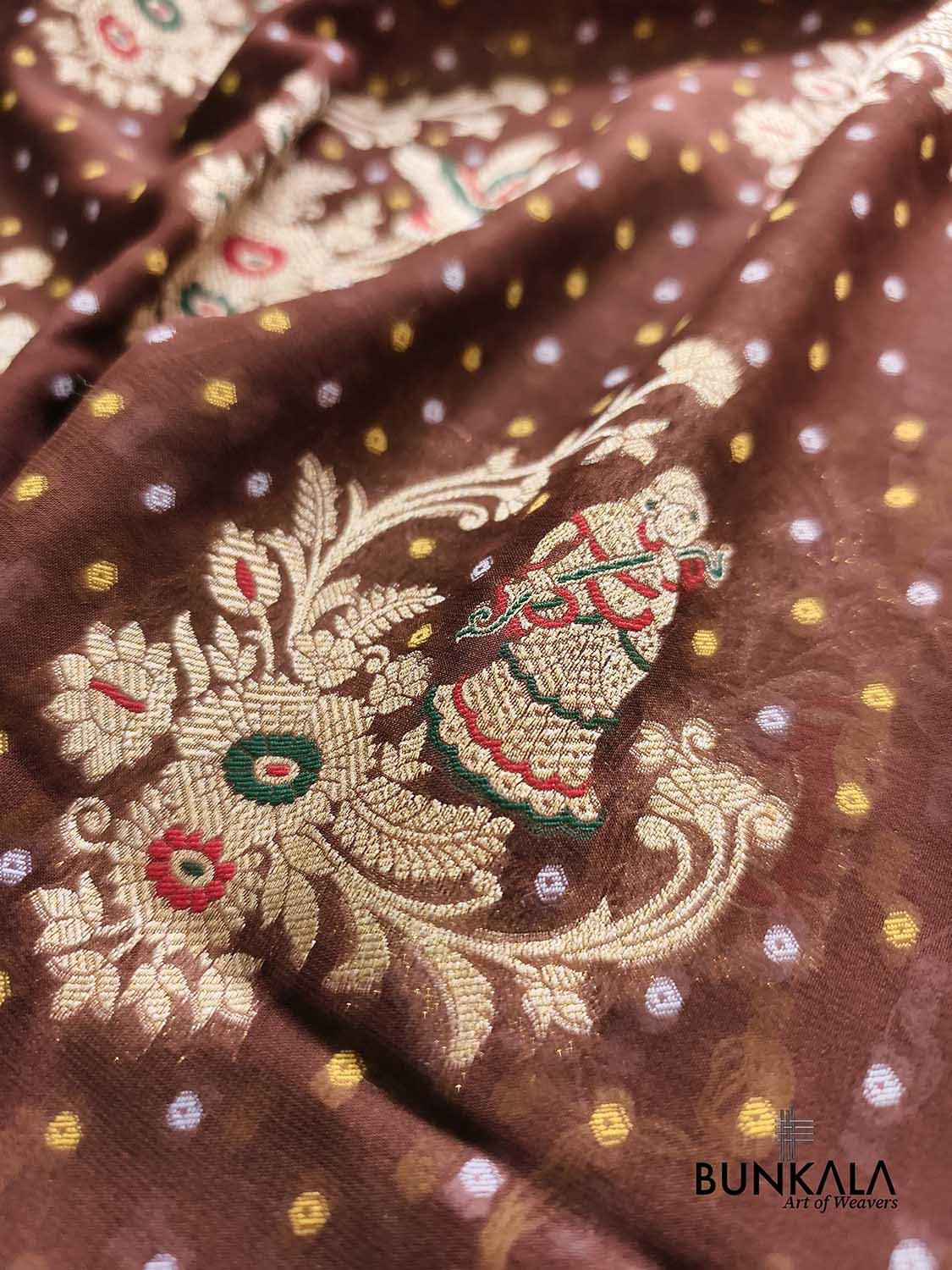Chocolate Brown Meena Birds & Doll Banarasi Georgette Saree
