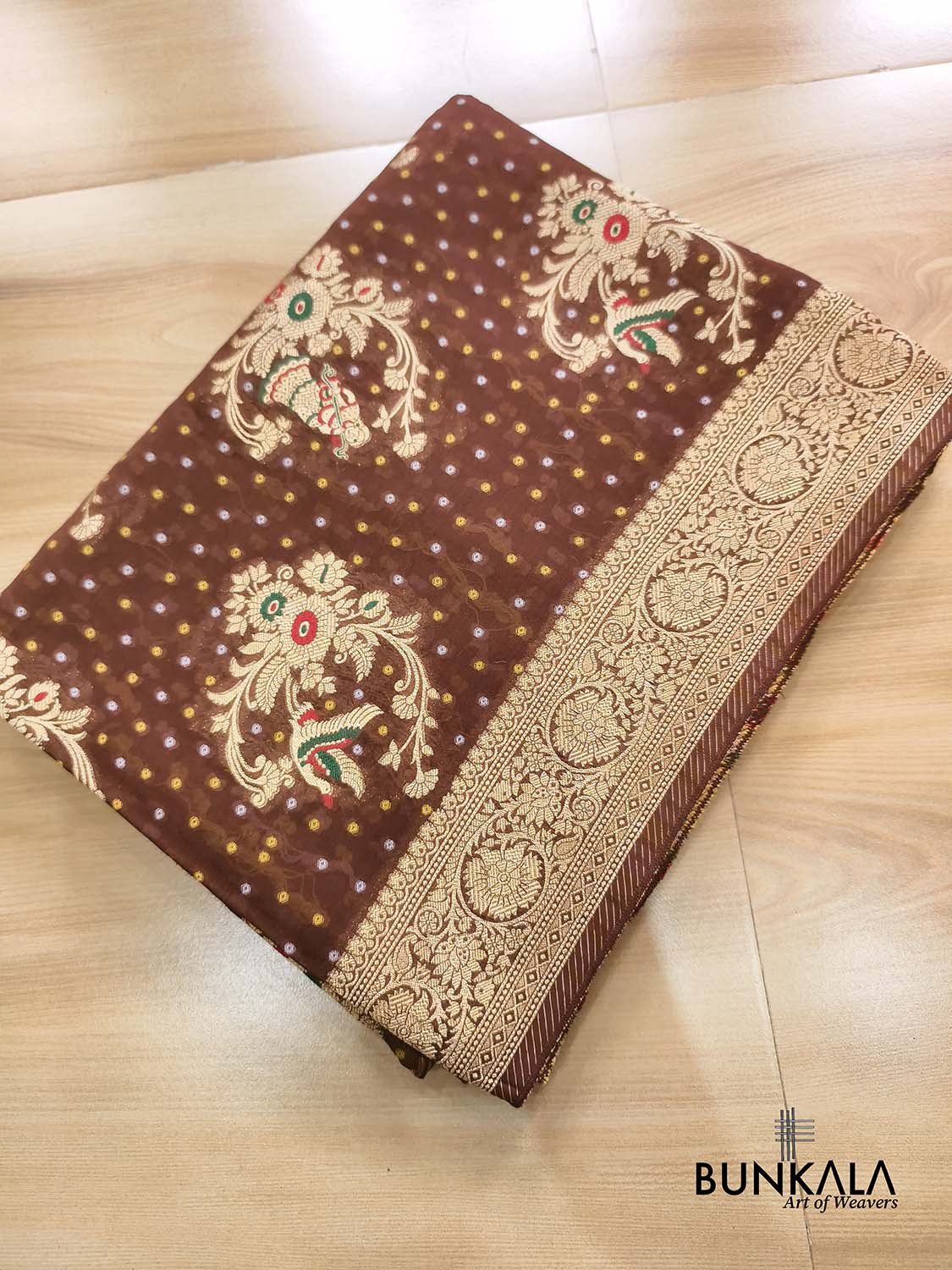 Chocolate Brown Meena Birds & Doll Banarasi Georgette Saree