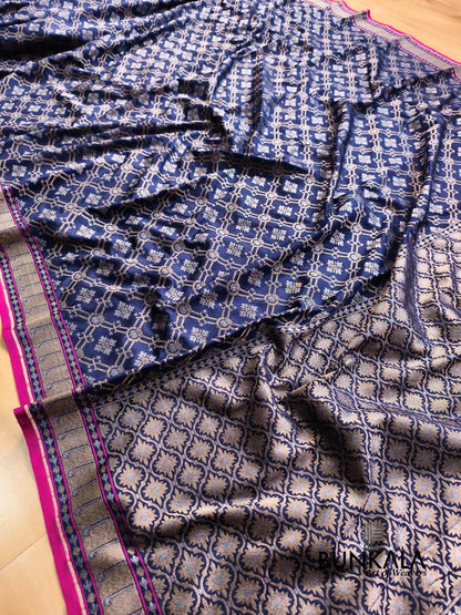 Deep Blue Ektara Banarasi Jamdani Geometric Weaved Silk Saree