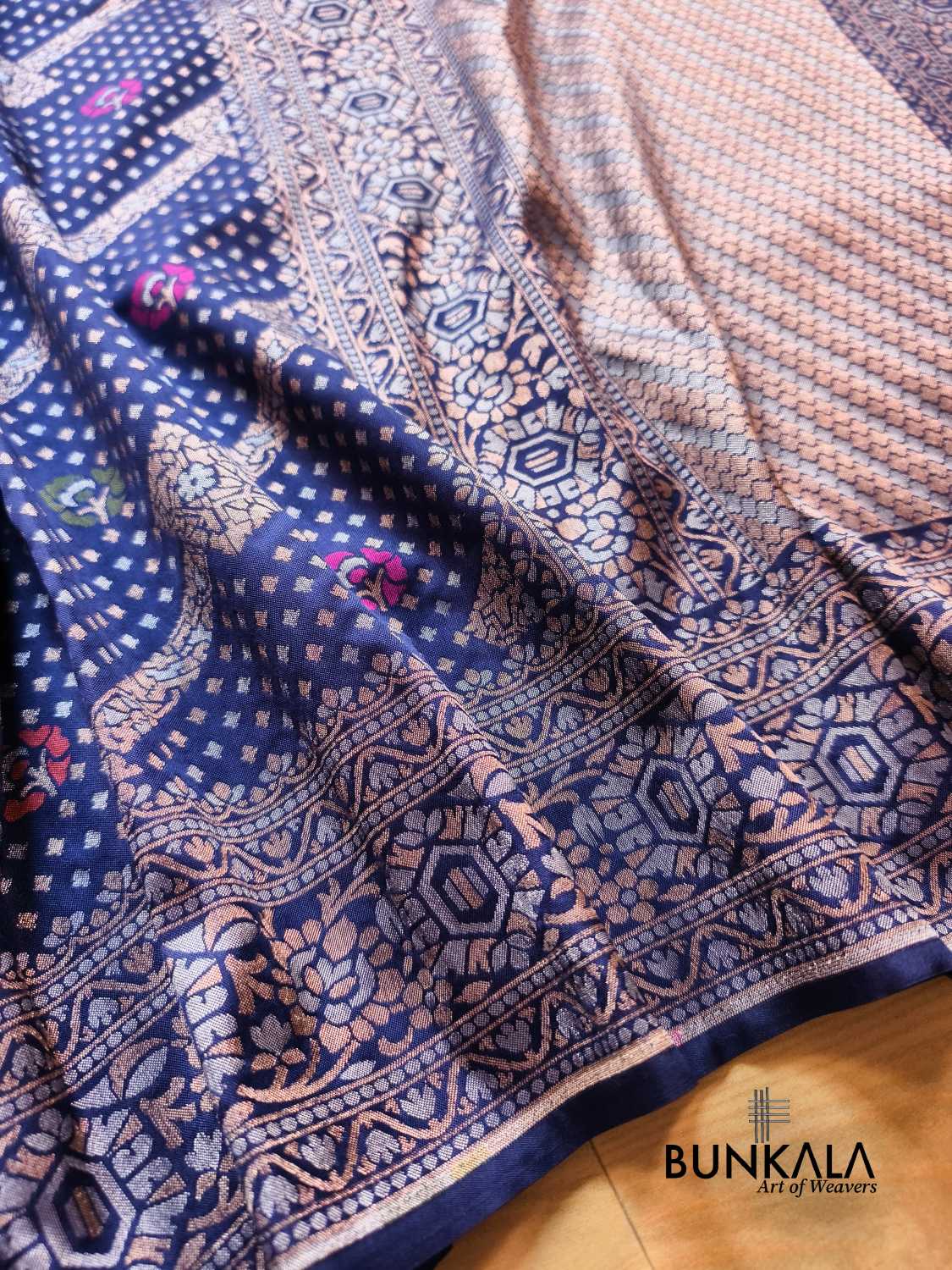 Deep Blue Ektara Banarasi Jamdani Meena Geometric Weaved Silk Saree