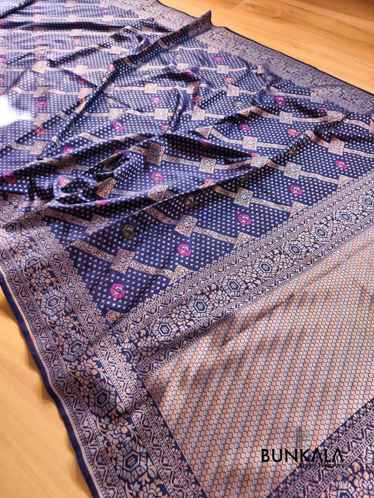 Deep Blue Ektara Banarasi Jamdani Meena Geometric Weaved Silk Saree