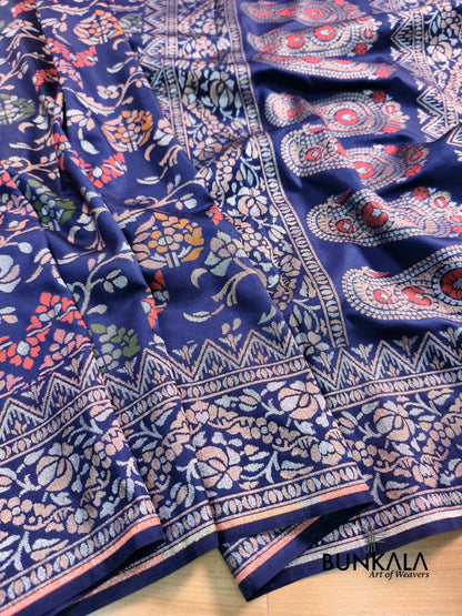Deep Blue Ektara Banarasi Jamdani Meena Geometric Weaved Silk Saree 
