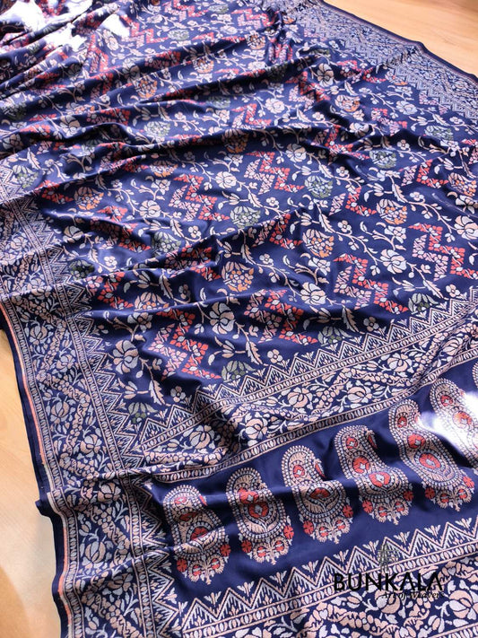 Deep Blue Ektara Banarasi Jamdani Meena Geometric Weaved Silk Saree 