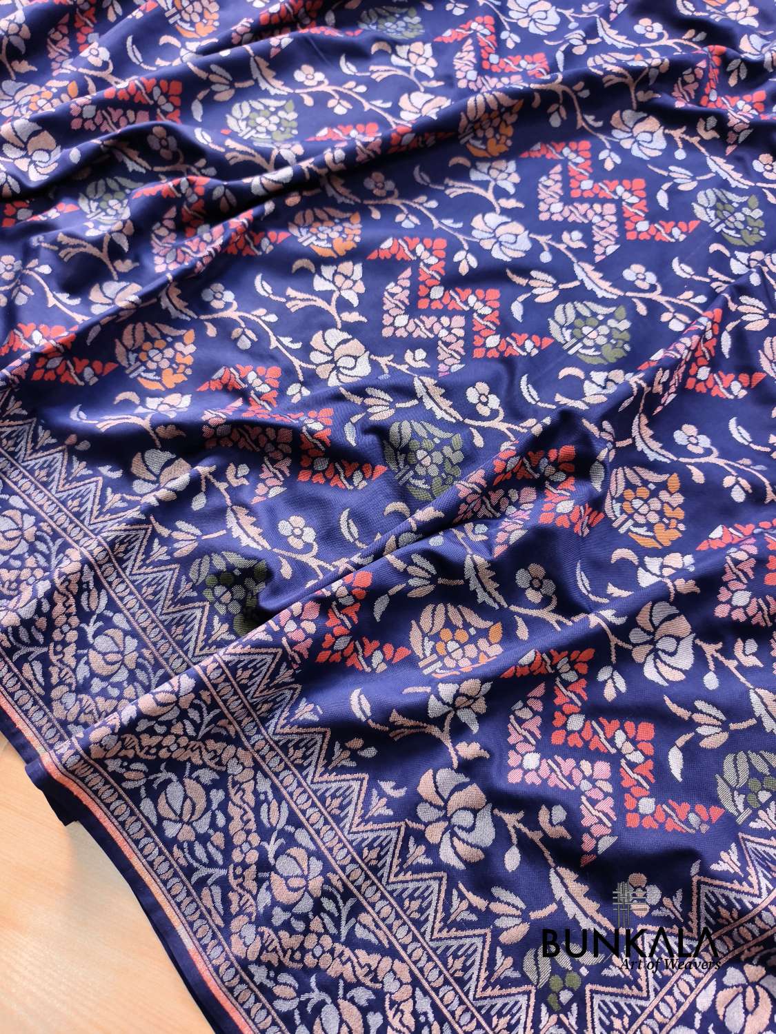Deep Blue Ektara Banarasi Jamdani Meena Geometric Weaved Silk Saree 