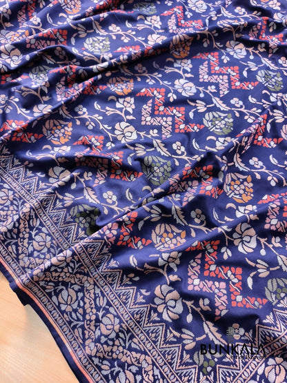 Deep Blue Ektara Banarasi Jamdani Meena Geometric Weaved Silk Saree 