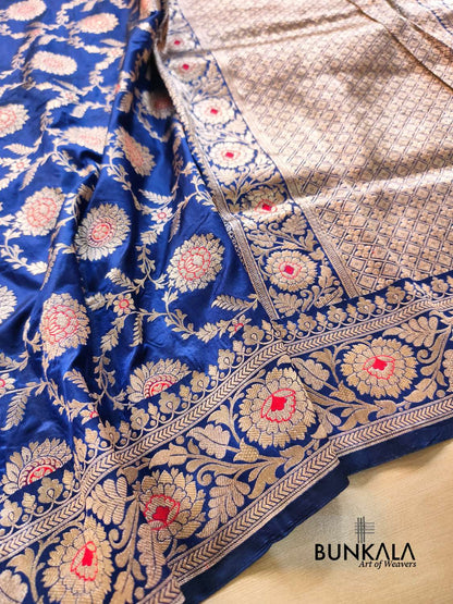 Deep Blue Meena Jaal Handloom Banarasi Pure Katan Silk Saree