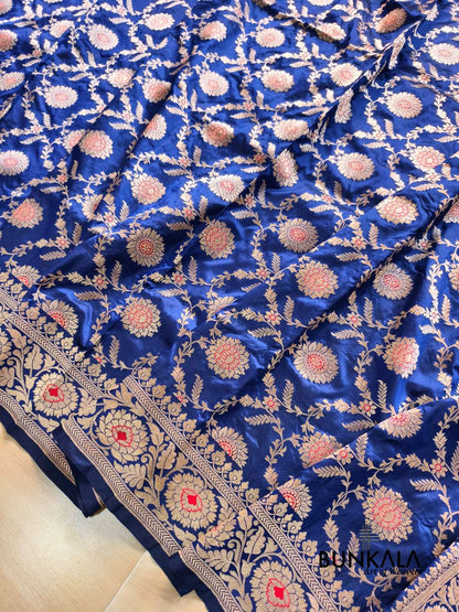Deep Blue Meena Jaal Handloom Banarasi Pure Katan Silk Saree