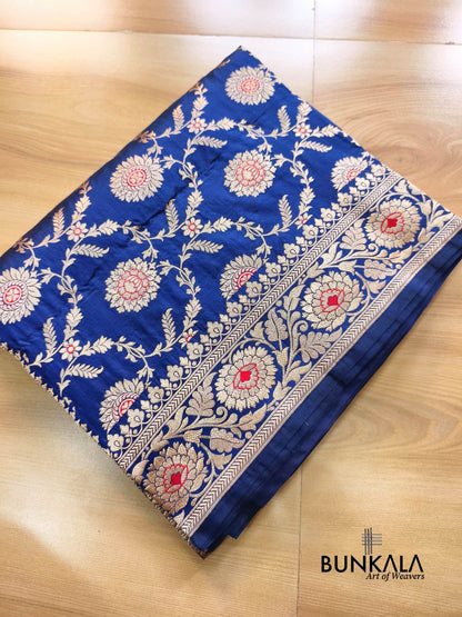 Deep Blue Meena Jaal Handloom Banarasi Pure Katan Silk Saree