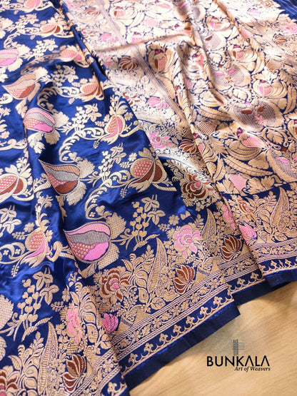 Deep Blue Vintage Handloom Banarasi Pure Katan Silk Saree