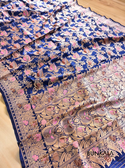 Deep Blue Vintage Handloom Banarasi Pure Katan Silk Saree
