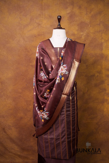 Deep Brown Stripe Banarasi Pure Cotton Silk Unstitched Suit Set 