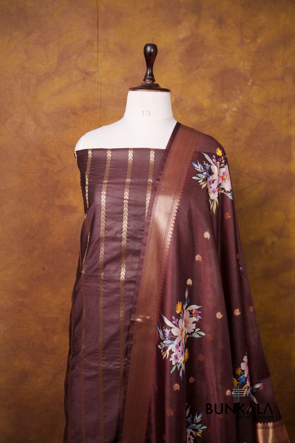 Deep Brown Stripe Banarasi Pure Cotton Silk Unstitched Suit Set 