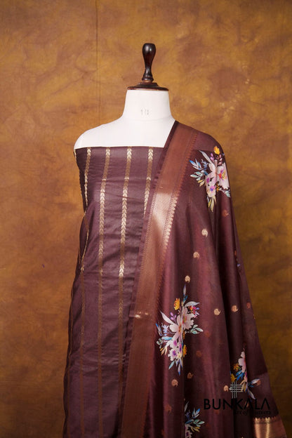 Deep Brown Stripe Banarasi Pure Cotton Silk Unstitched Suit Set 