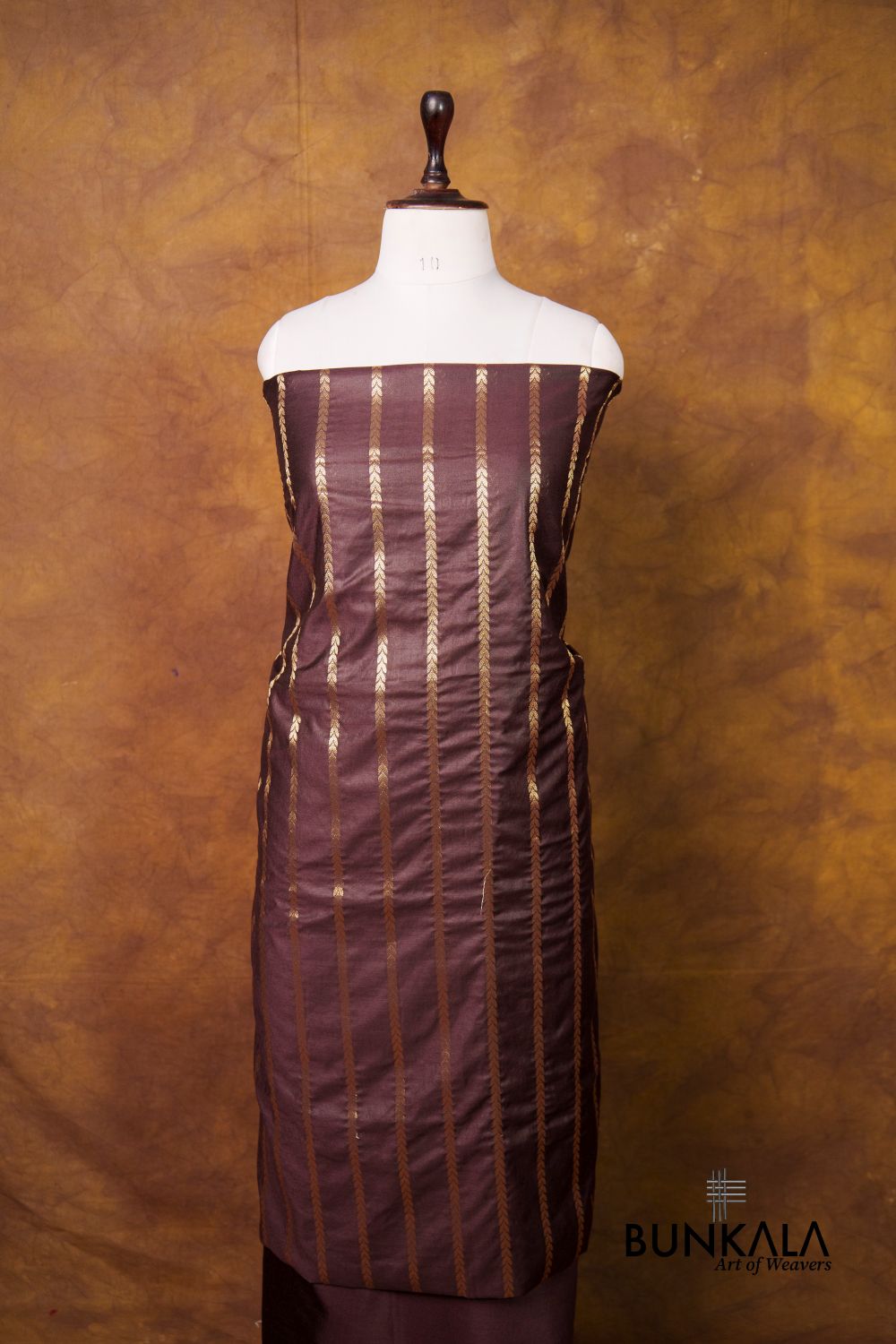 Deep Brown Stripe Banarasi Pure Cotton Silk Unstitched Suit Set 