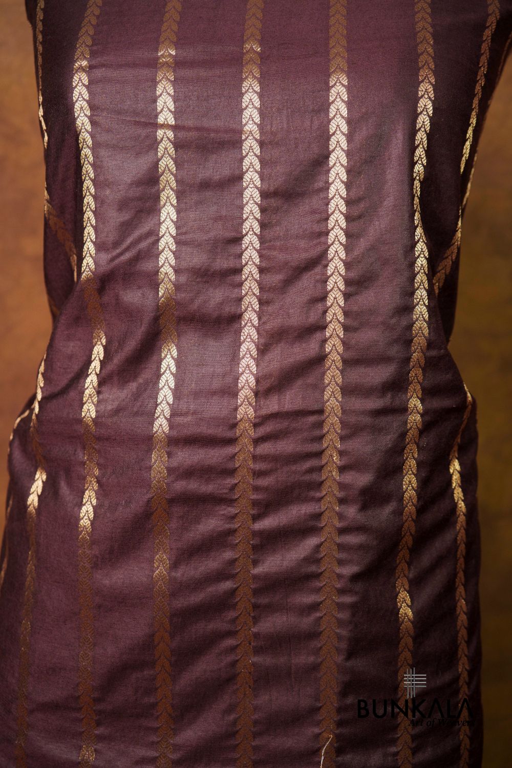 Deep Brown Stripe Banarasi Pure Cotton Silk Unstitched Suit Set 