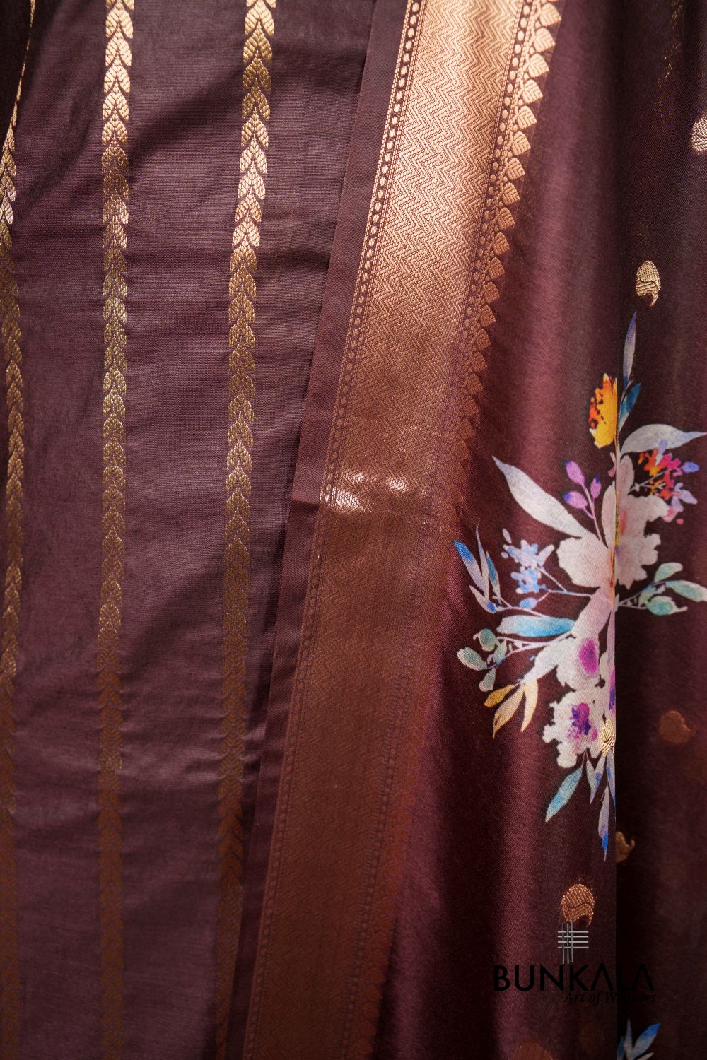 Deep Brown Stripe Banarasi Pure Cotton Silk Unstitched Suit Set 