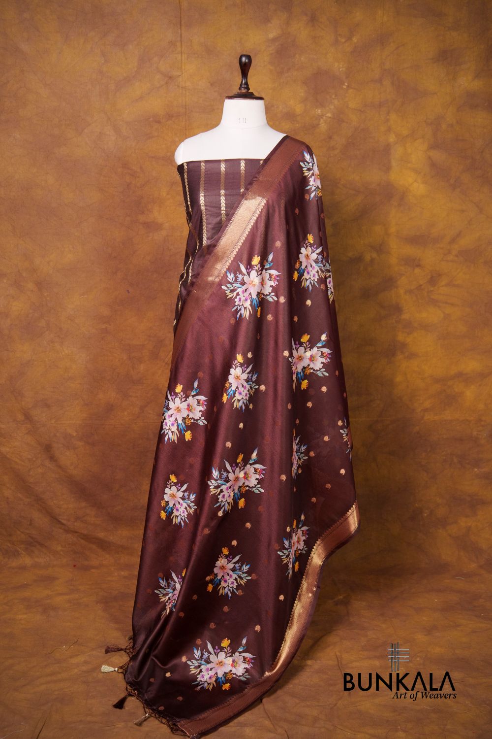 Deep Brown Stripe Banarasi Pure Cotton Silk Unstitched Suit Set 
