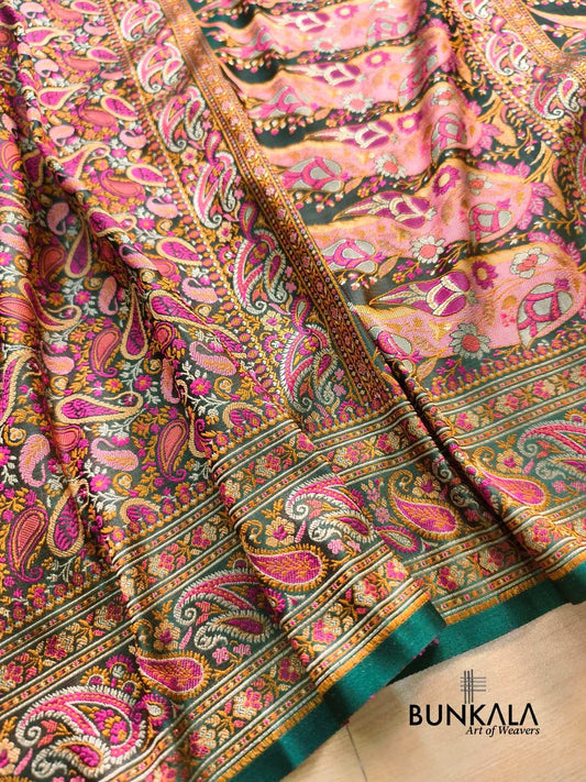 Deep Green Banarasi Meena Jamewar Weaved Mashru Silk Saree 