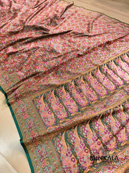 Deep Green Banarasi Meena Jamewar Weaved Mashru Silk Saree 