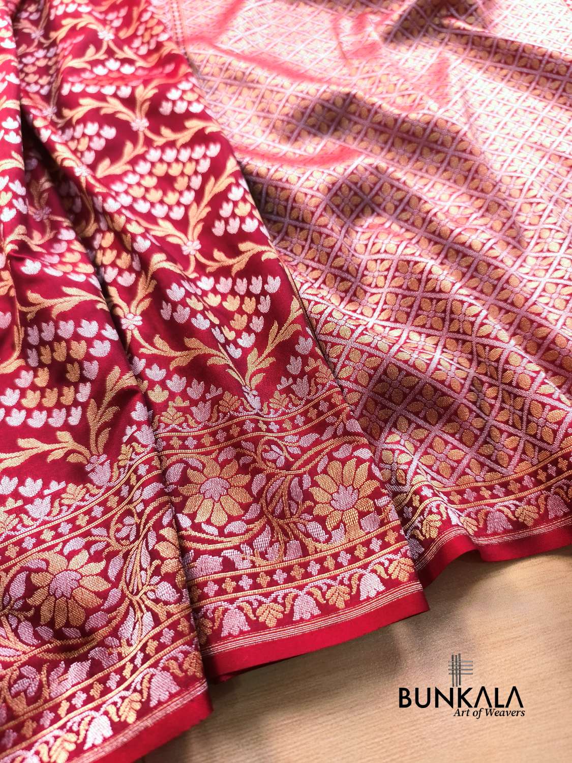 Deep Maroon Sona Rupa Floral Jaal Banarasi Silk Saree 