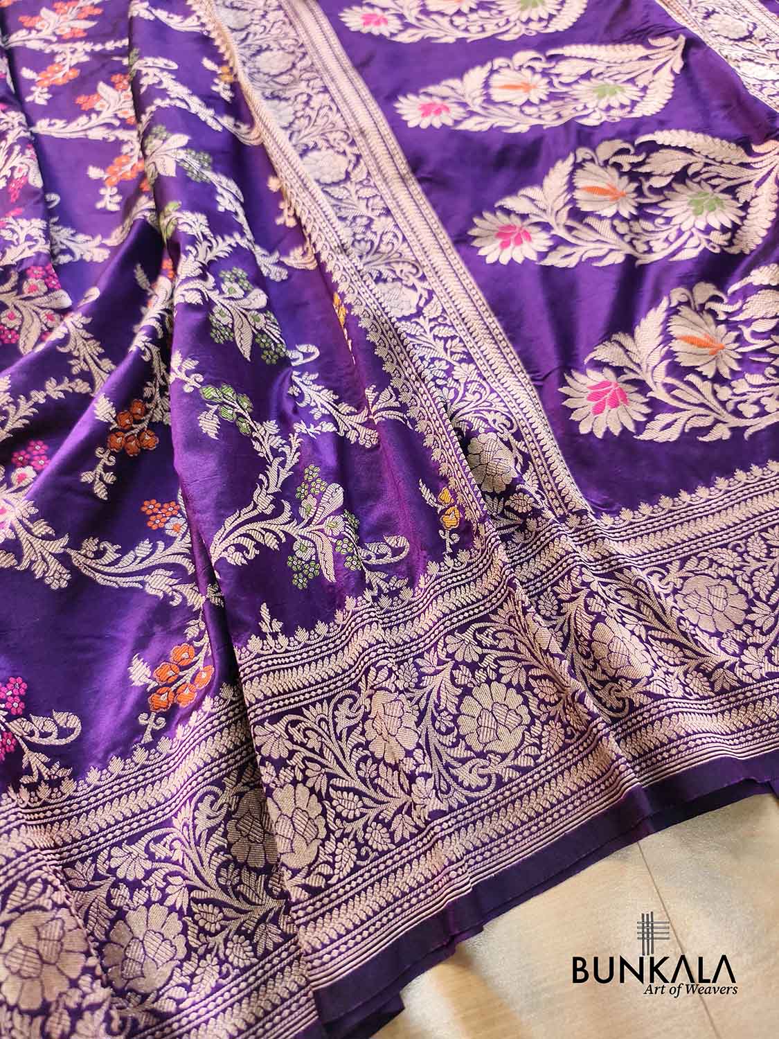 Deep Purple Floral Jaal Meena Handloom Banarasi Pure Katan Silk Saree
