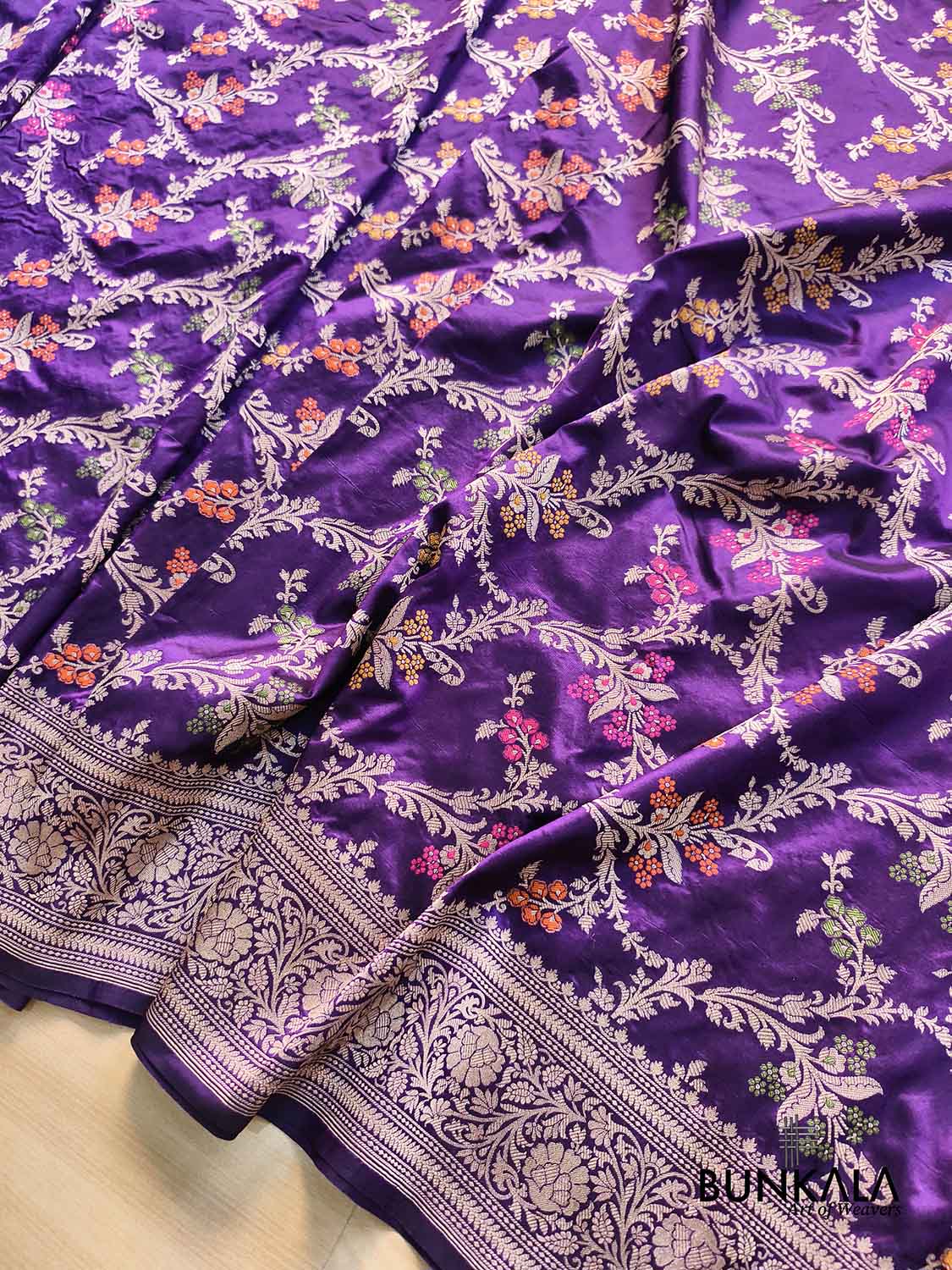 Deep Purple Floral Jaal Meena Handloom Banarasi Pure Katan Silk Saree
