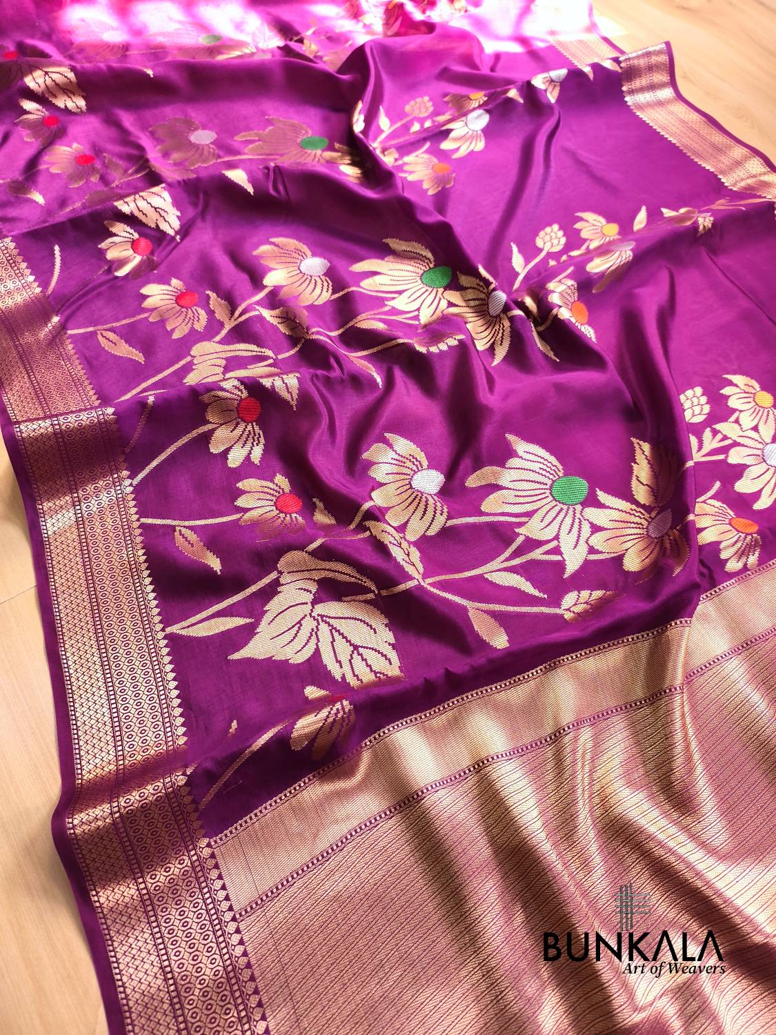 Deep Purple Meena Floral Pure Banarasi Mango Silk Saree 