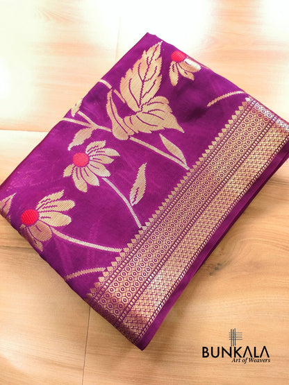 Deep Purple Meena Floral Pure Banarasi Mango Silk Saree 