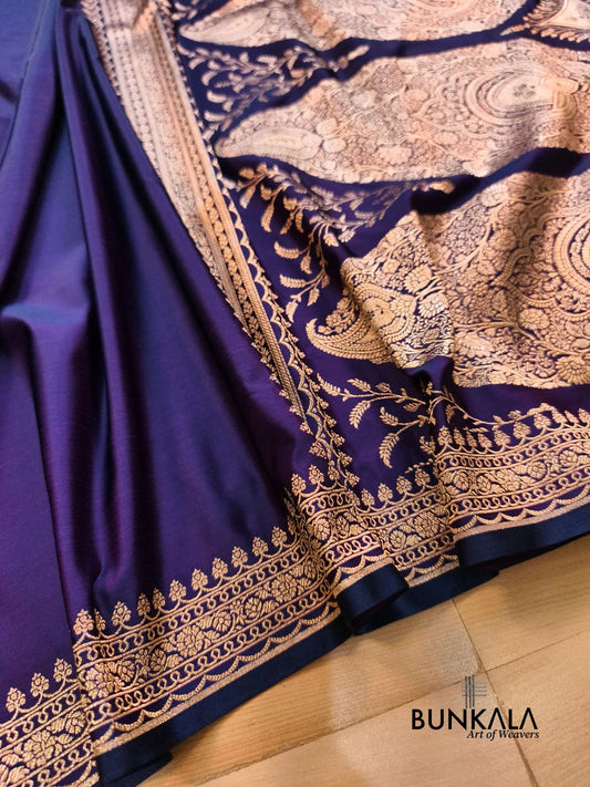 Deep Purple Plain Banarasi Mashru Soft Silk Saree with Paisley Pallu 