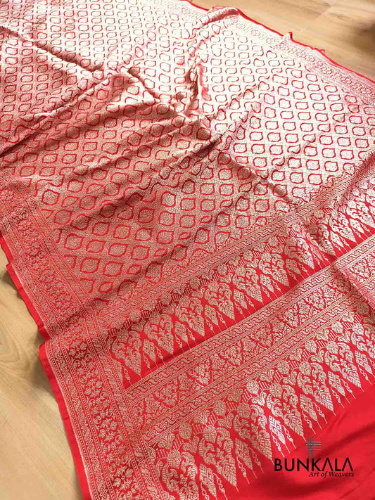 Deep Red Banarasi Mashru Silk Brocade Meena Weaved Saree