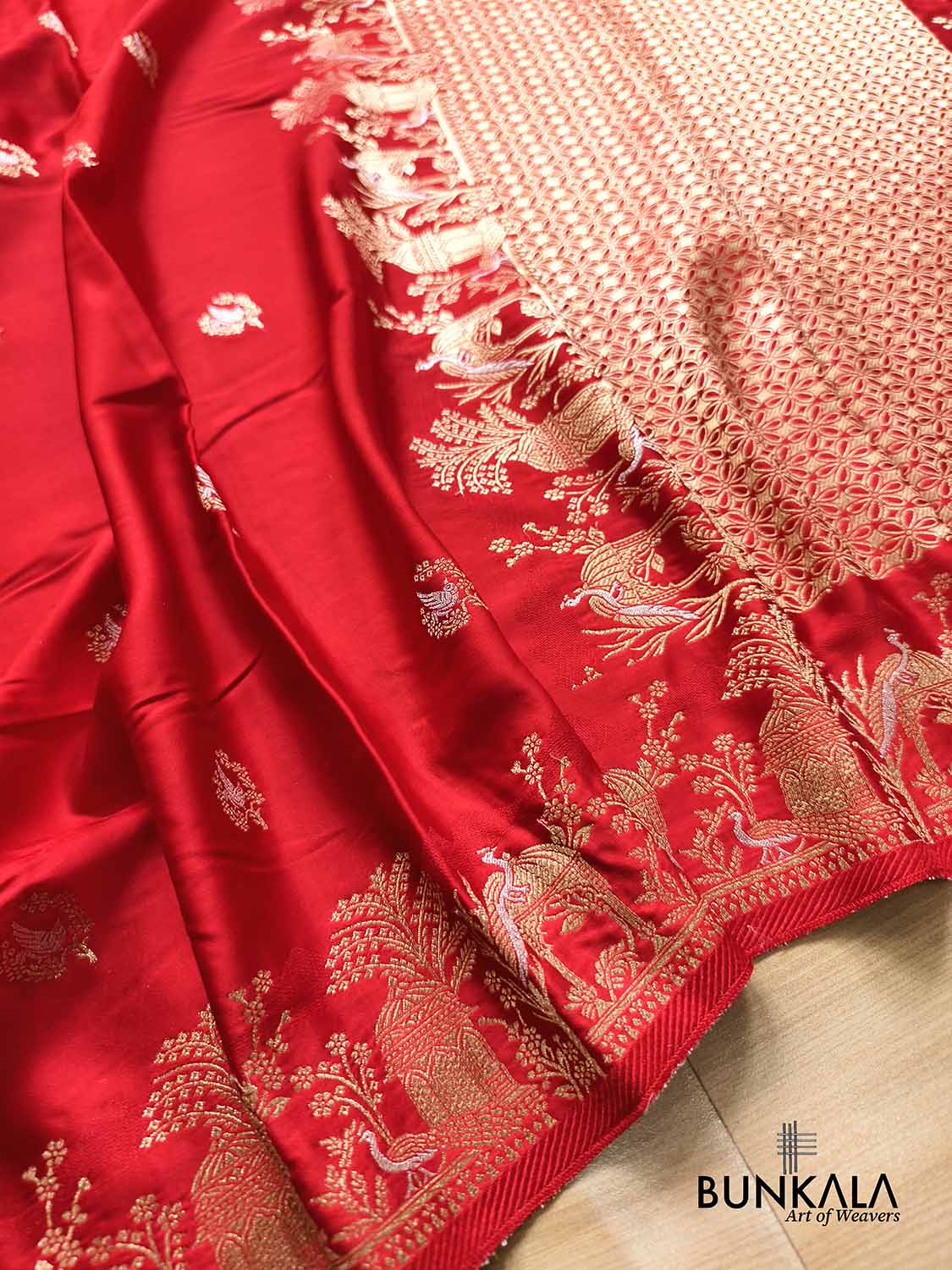 Deep Red Peacock Motif Weaved Banarasi Mashru Silk Saree