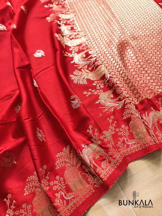 Deep Red Peacock Motif Weaved Banarasi Mashru Silk Saree