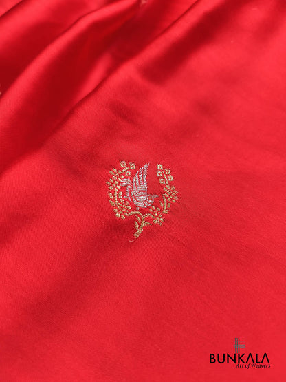 Deep Red Peacock Motif Weaved Banarasi Mashru Silk Saree