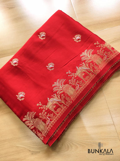 Deep Red Peacock Motif Weaved Banarasi Mashru Silk Saree