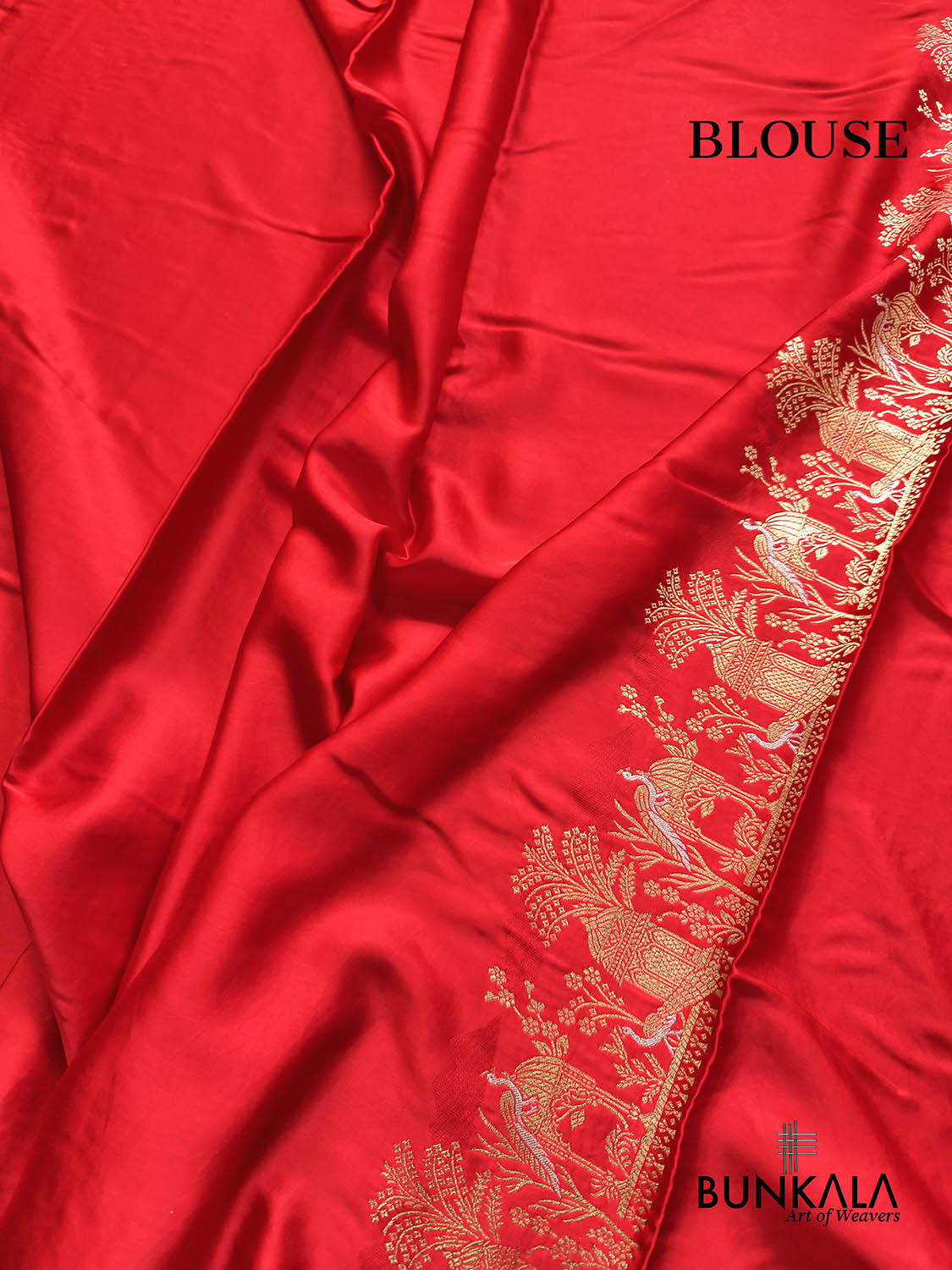 Deep Red Peacock Motif Weaved Banarasi Mashru Silk Saree