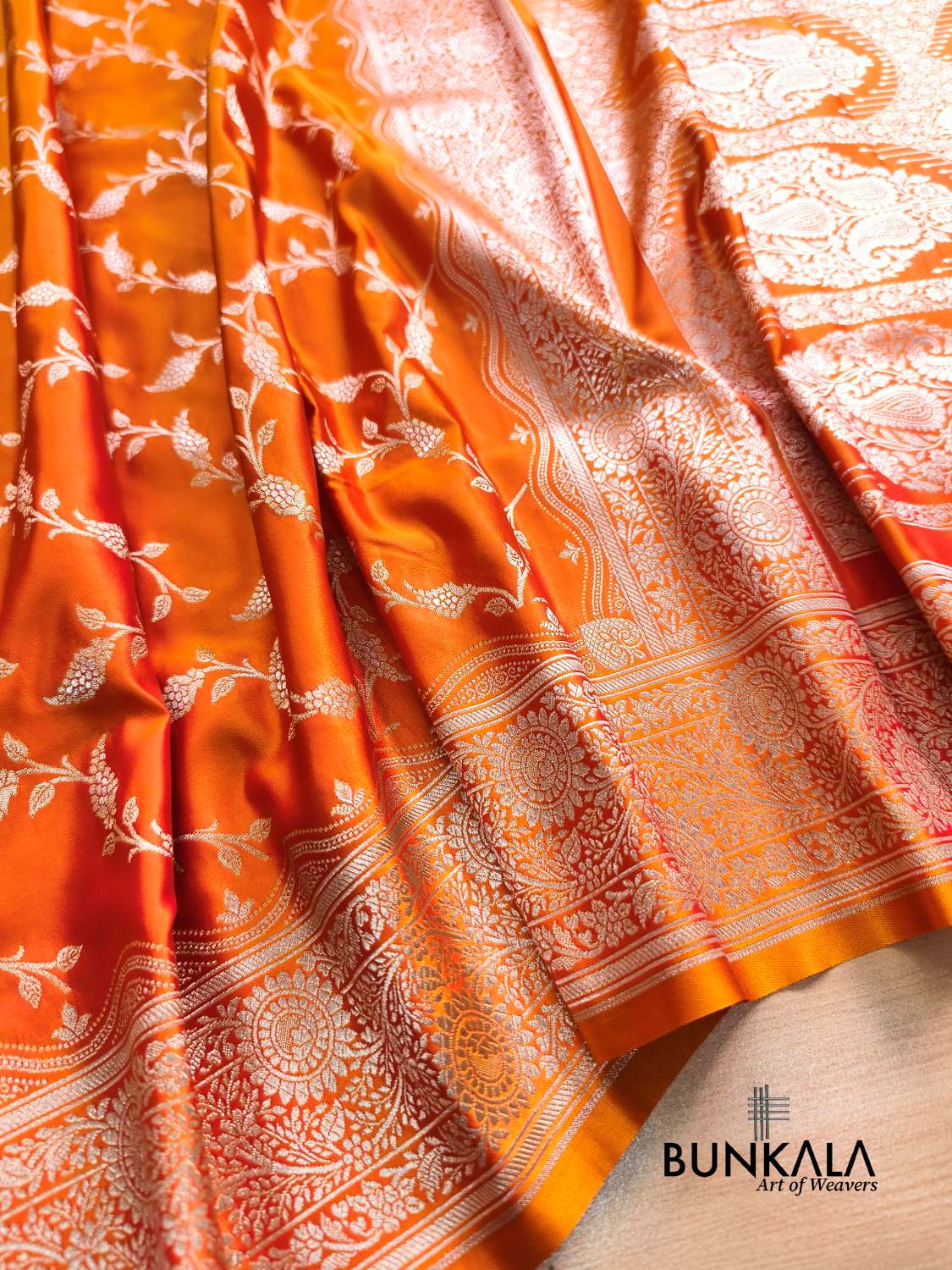 Dual Shade Orange Floral Jaal Banarasi Mashru Silk Saree