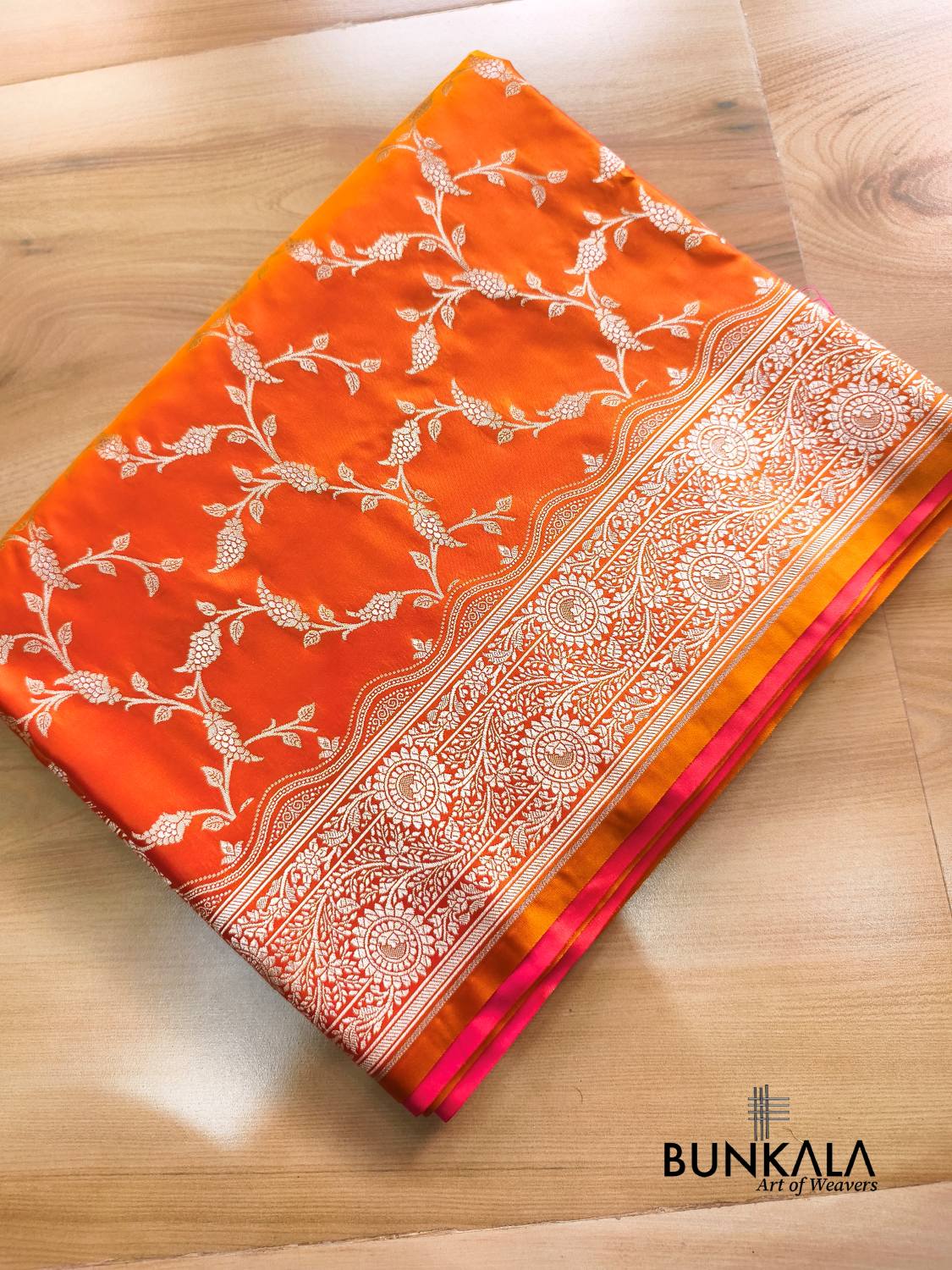 Dual Shade Orange Floral Jaal Banarasi Mashru Silk Saree