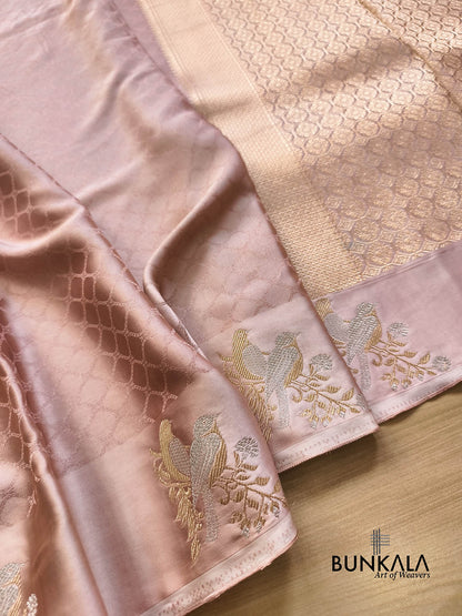 Dusty Pink Birds Jamewar Weaved Banarasi Mashru Silk Saree